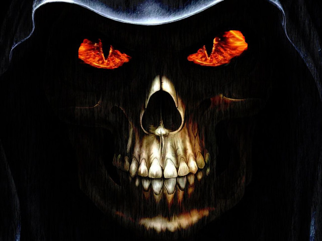 Demonic skull glowing eyes hood free wallpaper for desktop - medium preview image