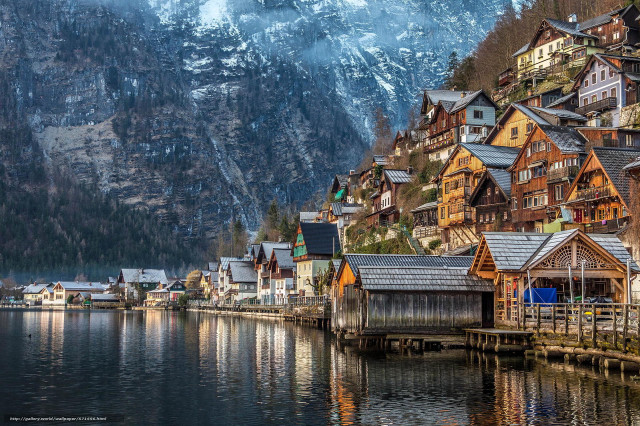 Mountain village lake snow citiescape free wallpaper for desktop - medium preview image