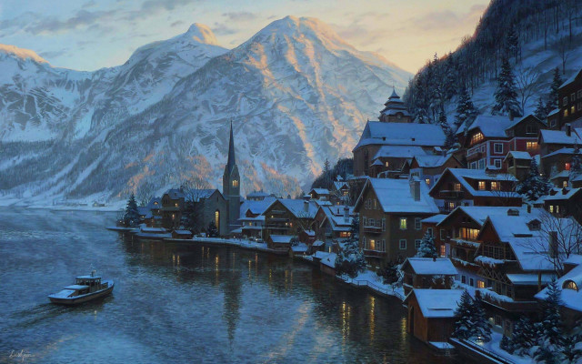Snowy village water boat mountains free wallpaper for desktop - medium preview image