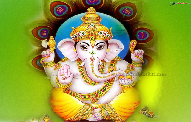 Ganesha green background yellow border free wallpaper for desktop - medium preview image