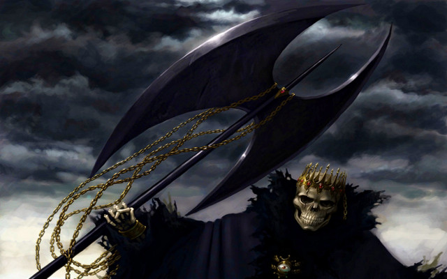 Skeleton holding giant black object free wallpaper for desktop - medium preview image