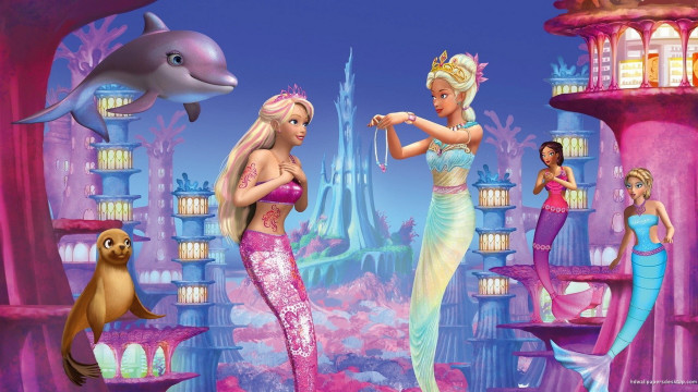 Barbie friends mermaid scene dolphins free wallpaper for desktop - medium preview image