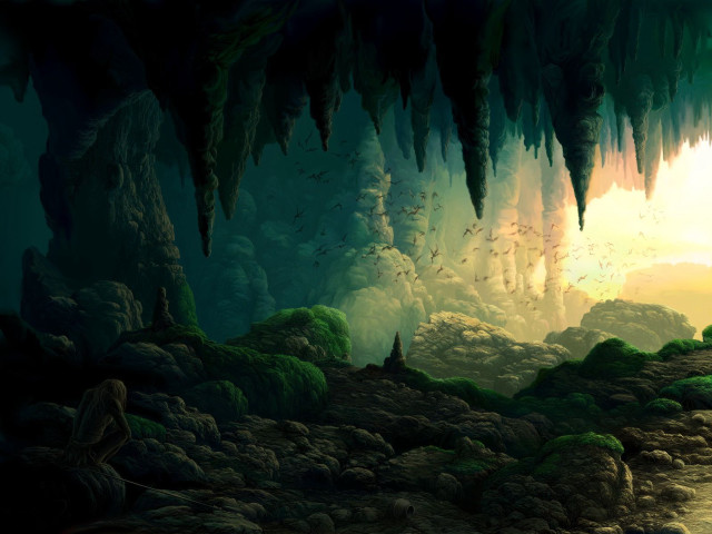 Cave stream man standing painting #2 free wallpaper for desktop - medium preview image