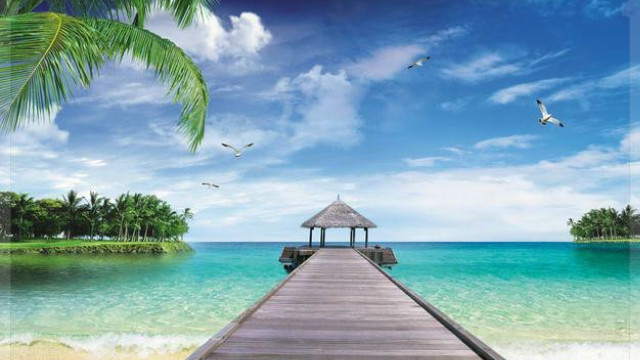 Pier beach hut birds blue free wallpaper for desktop - medium preview image