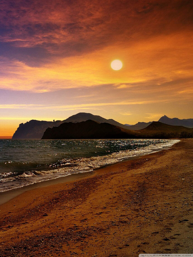 Beach sunset mountain person walking free wallpaper for mobile - medium preview image