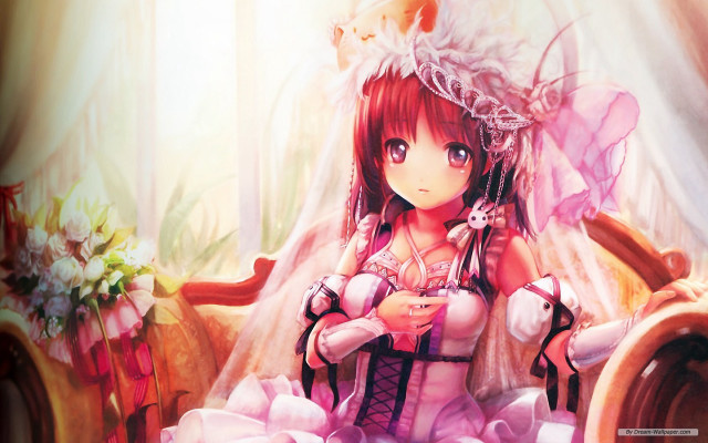 Woman pink dress sitting bed free wallpaper for desktop - medium preview image