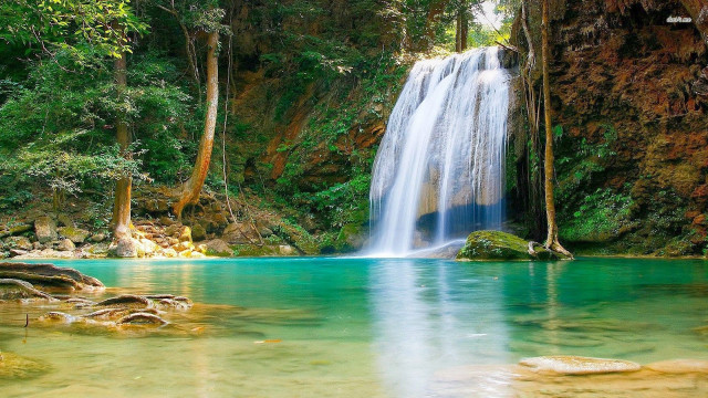 Waterfall forest blue pool trees free wallpaper for desktop - medium preview image