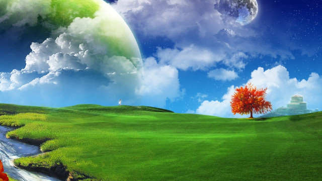 Tree stream green field moon free wallpaper for desktop - medium preview image
