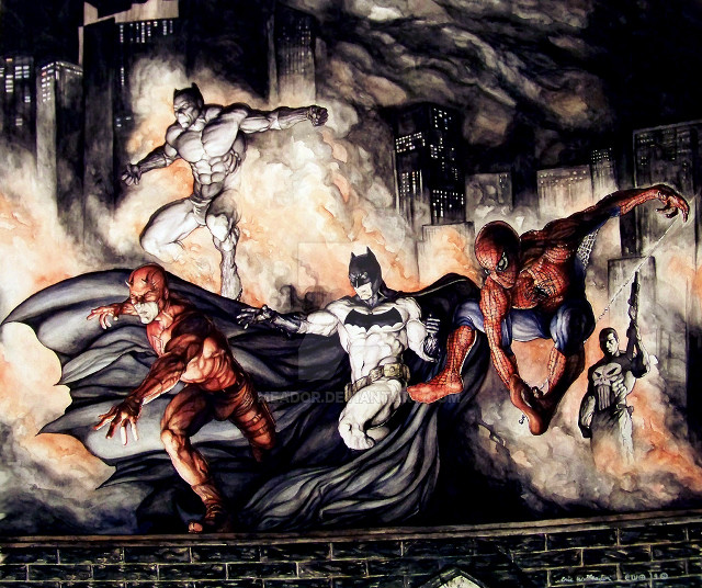 Superheroes wall city skyline fire free wallpaper for desktop - medium preview image