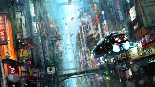 Futuristic city night flying car free wallpaper for desktop - medium preview image