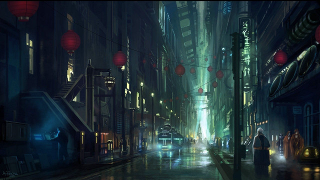 City street night rain person free wallpaper for desktop - medium preview image