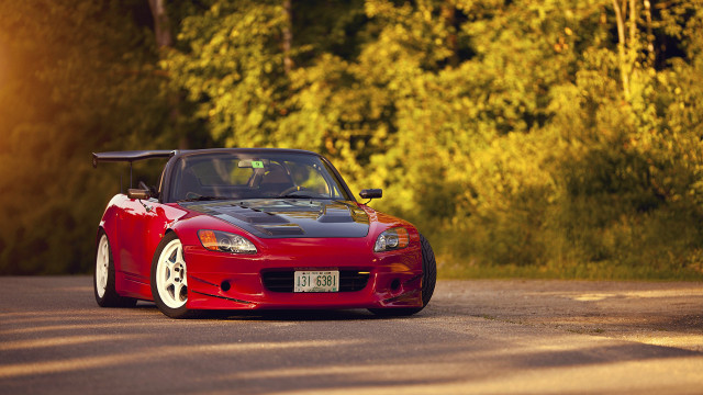 Red sports car parked trees free wallpaper for desktop - medium preview image
