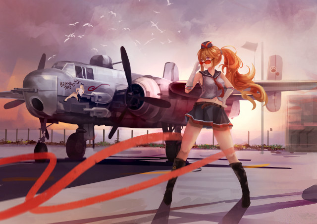 Girl short skirt plane red free wallpaper for desktop - medium preview image