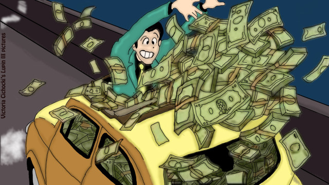 Cartoon man falling car money free wallpaper for desktop - medium preview image