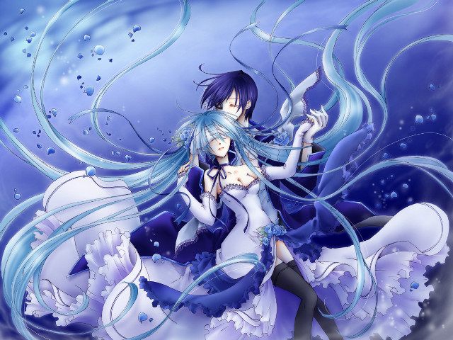 Bluehair hugging anime underwater dress free wallpaper for desktop - medium preview image