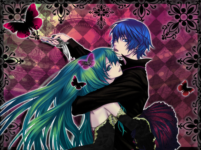 Anime couple hugging butterflies pink free wallpaper for desktop - medium preview image