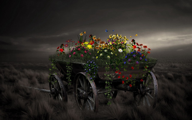 Wagon flowers field cloudy sky free wallpaper for desktop - medium preview image