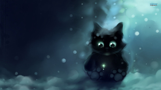 Black cat glowing eyes snow free wallpaper for desktop - medium preview image