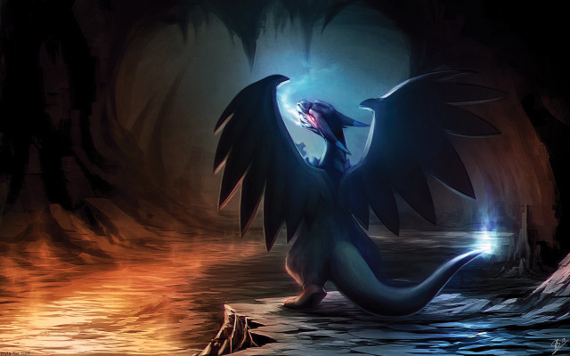 Dragon glowing mouth wings cave free wallpaper for desktop - medium preview image