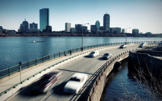 City skyline bridge river cars free wallpaper for desktop - medium preview image