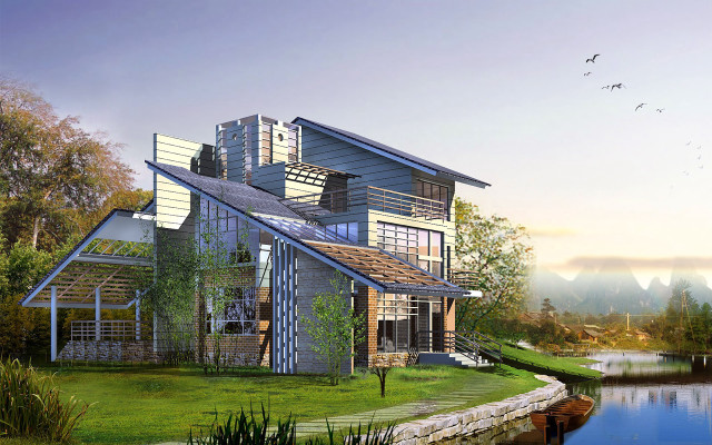 House lake bird flying sunny free wallpaper for desktop - medium preview image