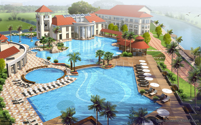 Resort pool lounge chairs umbrellas free wallpaper for desktop - medium preview image