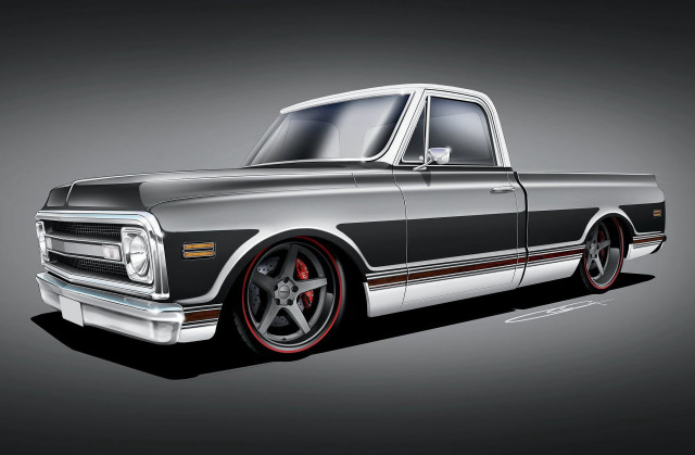 Black white truck red rims free wallpaper for desktop - medium preview image