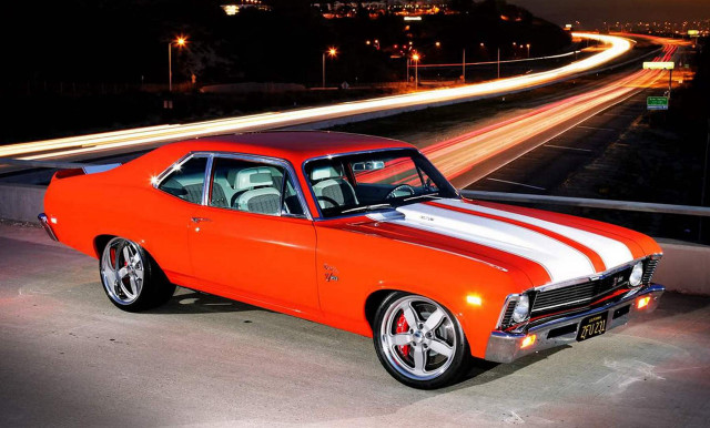 Red car white stripes night free wallpaper for desktop - medium preview image