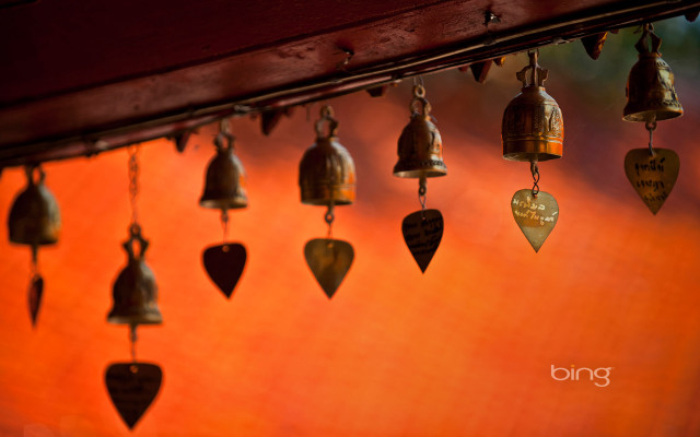 Bells hanging wooden beam red free wallpaper for desktop - medium preview image