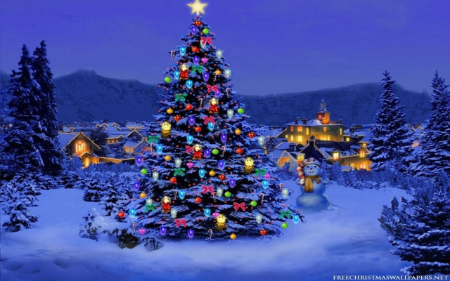 Christmas tree lights snow mountain free wallpaper for desktop - medium preview image