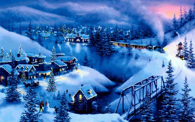 Snowy village train bridge painting #2 free wallpaper for desktop - medium preview image