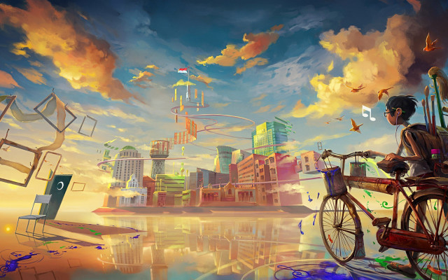 Man bike bird cityscape sunset free wallpaper for desktop - medium preview image