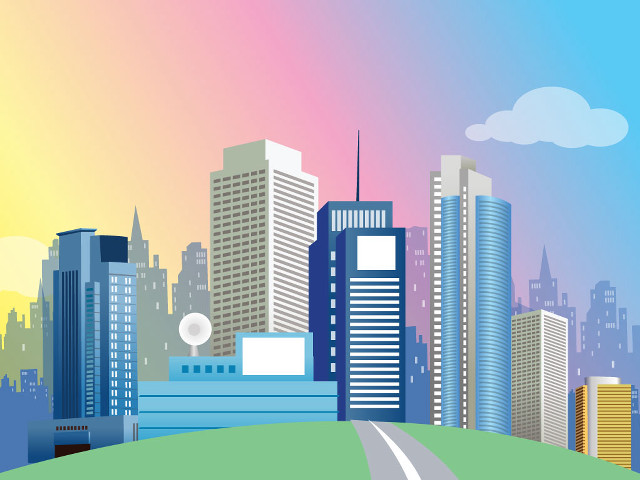 City tall buildings rainbow road free wallpaper for desktop - medium preview image
