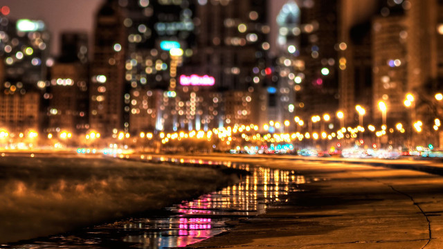 City street night lights water free wallpaper for desktop - medium preview image