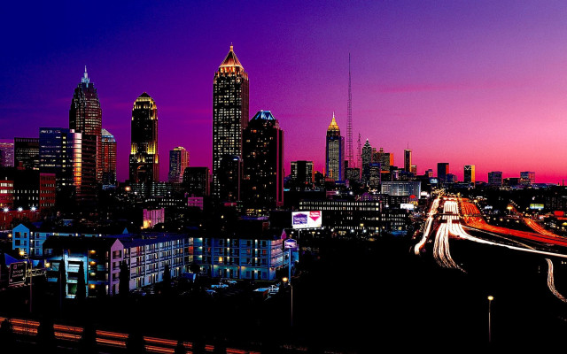 City skyline purple sky night free wallpaper for desktop - medium preview image