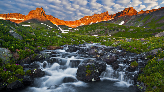 Stream green valley snowy mountains free wallpaper for desktop - medium preview image
