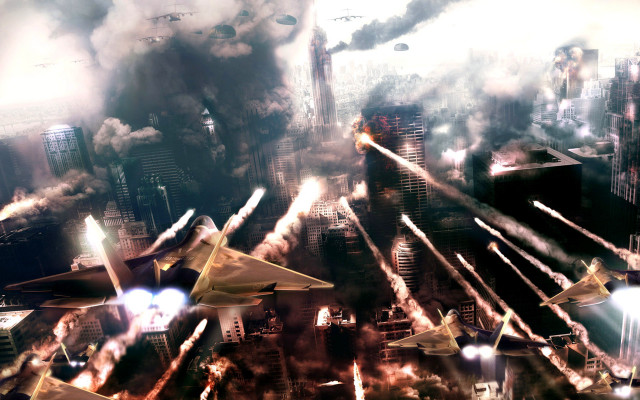 Fighter jets city smoke tall free wallpaper for desktop - medium preview image