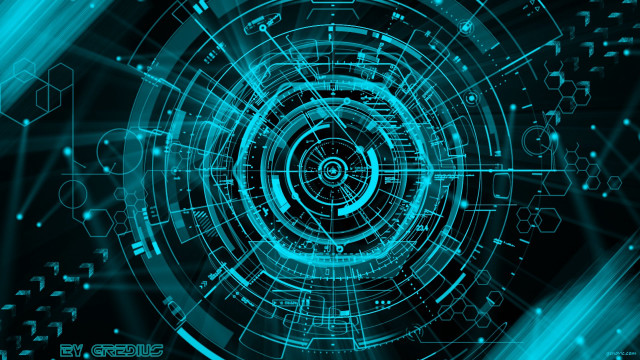 Blue black abstract circular cyberpunk free wallpaper for desktop - medium preview image