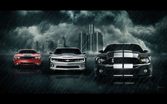 Three cars dark city rain free wallpaper for desktop - medium preview image