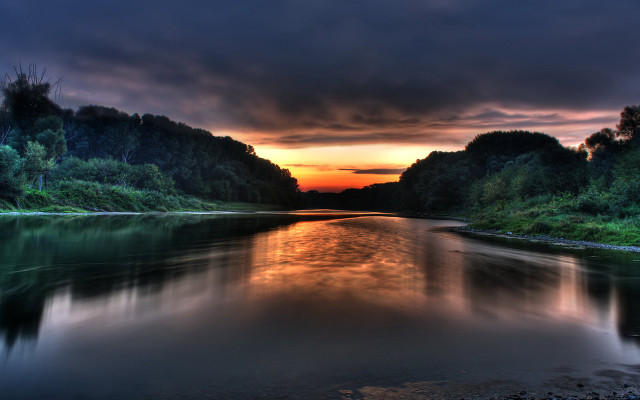River sunset trees cloudy sky free wallpaper for desktop - medium preview image