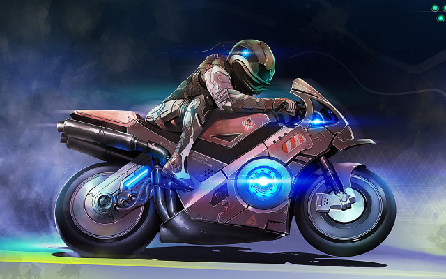 Motorcycle helmet glowing wheels futurism free wallpaper for desktop - medium preview image