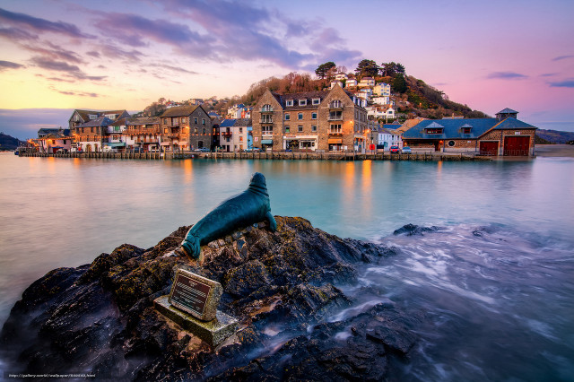 Dolphin statue rock water town free wallpaper for desktop - medium preview image