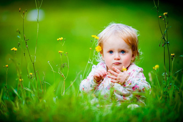 Little girl serious grass hands free wallpaper for desktop - medium preview image