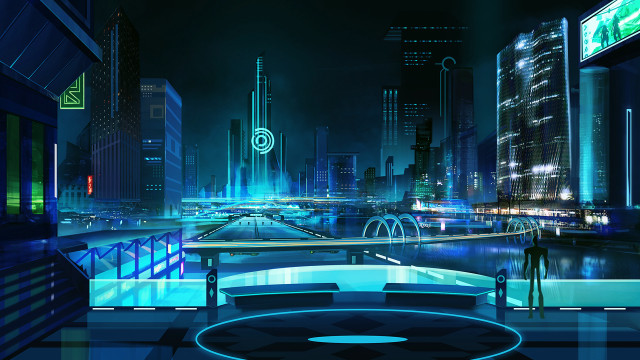Futuristic city night bridge river free wallpaper for desktop - medium preview image