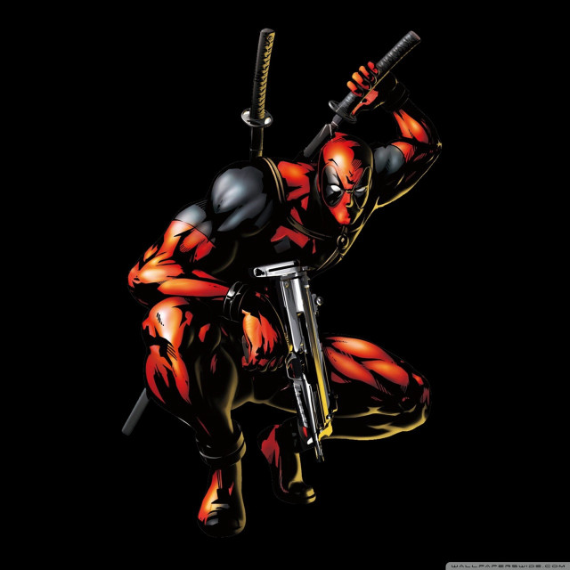Deadpool character holding gun and free wallpaper for tablet - medium preview image