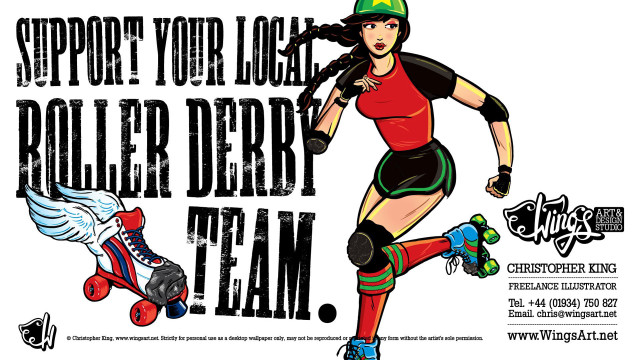 Roller derby skater bird typographic free wallpaper for desktop - medium preview image