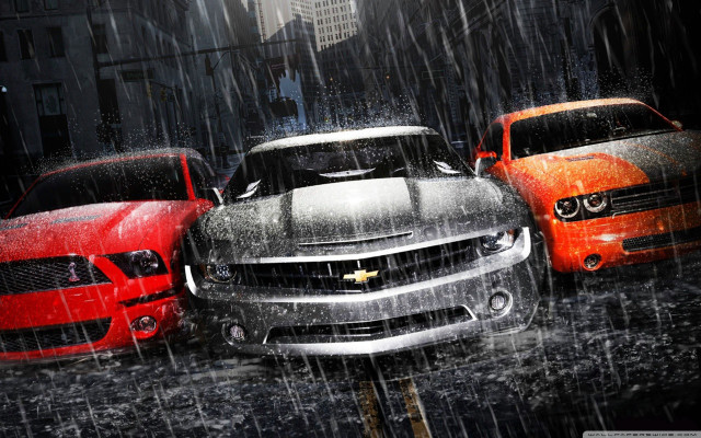 Three cars rain city street free wallpaper for desktop - medium preview image