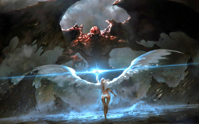 Woman wings dragon sword water free wallpaper for desktop - medium preview image