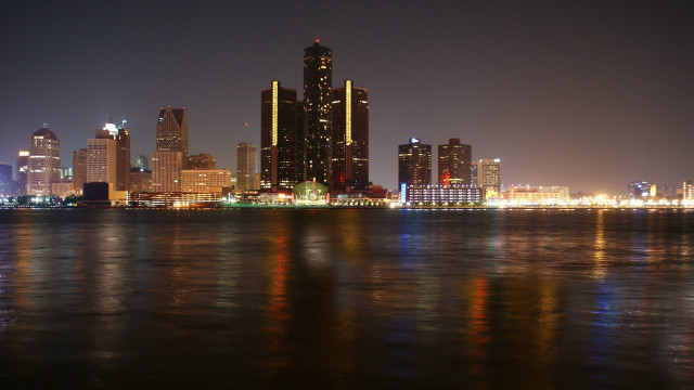 City skyline night water reflections free wallpaper for desktop - medium preview image