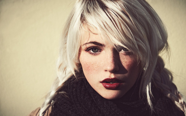Blonde woman scarf sweater shoulder free wallpaper for desktop - medium preview image